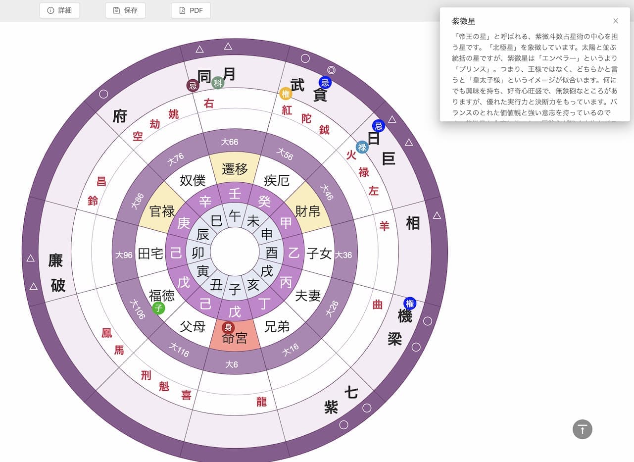 四柱推命・九星気学・紫微斗数の解説画面